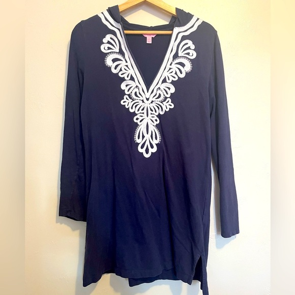 Lilly Pulitzer Shel Hooded Coverup True Navy White Embroidered - Picture 1 of 14